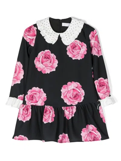 Monnalisa Rose-print Rhinestone-embellished Dress In Black