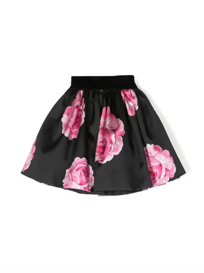 Monnalisa Kids' Rose-print Satin-finish Skirt In Black