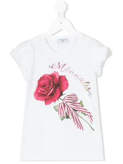 Monnalisa Kids' Rose Print T-shirt In White