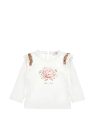 Monnalisa Babies' Rose-print Ruffled T-shirt In White
