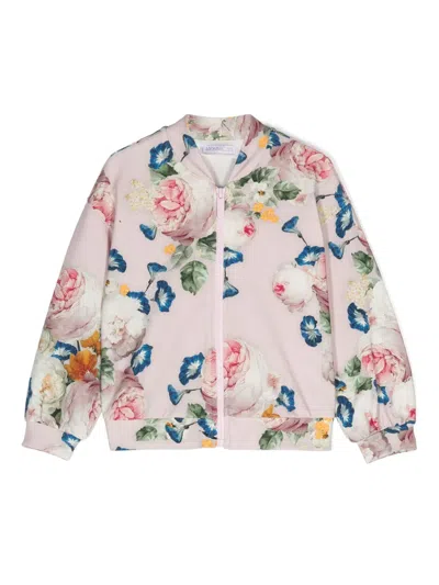 Monnalisa Kids' Roses-print Zip-up Sweatshirt In 粉色