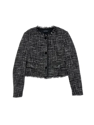 Monnalisa Kids'   Round-neck Bouclé Jacket In Black + Cream