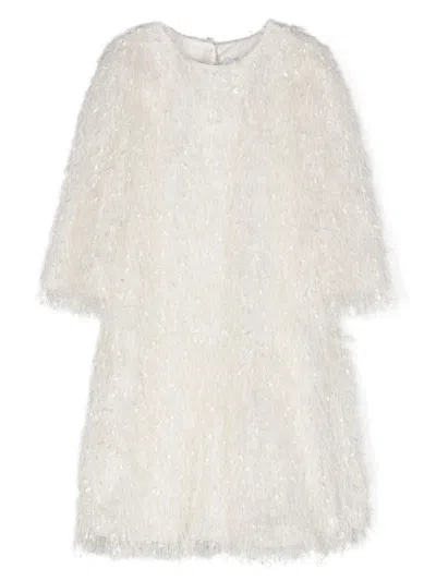 Monnalisa Kids' Round-neck Fringe Dress In White