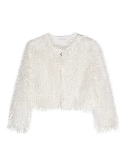 Monnalisa Kids' Round-neck Fringed Jacket In White
