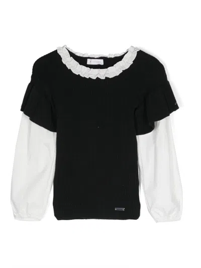 Monnalisa Kids' Ruffle-collar Knitted T-shirt In Schwarz