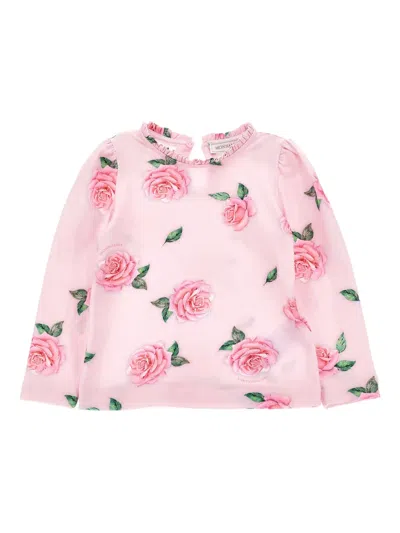 Monnalisa Kids' Ruffle-detail Floral-print Top In Pink