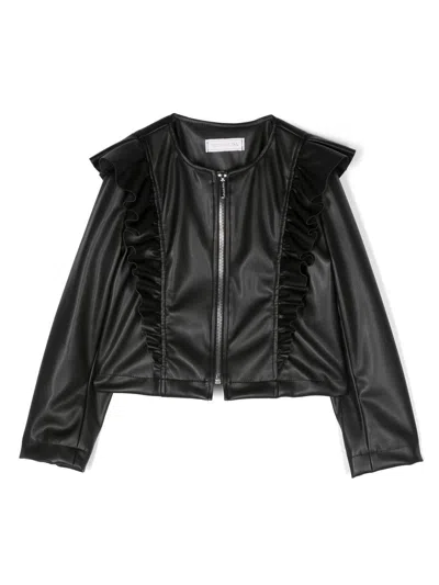 Monnalisa Kids'   Coated Fabric Jacket With Ruffles In Black