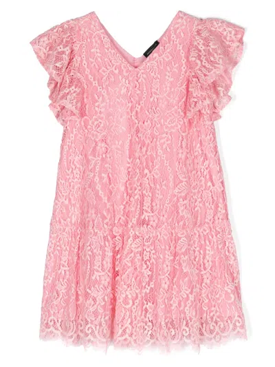 Monnalisa Kids' Ruffle-trim Lace Midi Dress In Pink