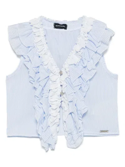 Monnalisa Kids' Ruffle-trim Striped Blouse In Blue