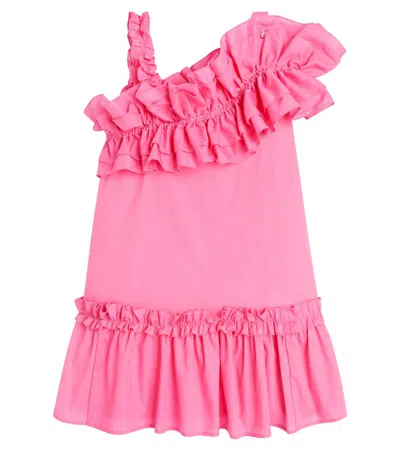 Monnalisa Kids' Ruffled Asymmetric Cotton Dress In Pink