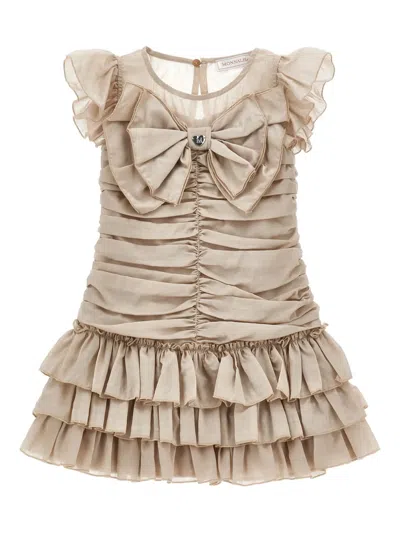 Monnalisa Kids' Ruffled Bow-embellishment Dress In Brown
