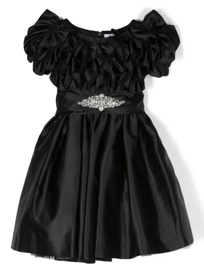 Monnalisa Kids' Ruffled-collar Crystal-embellished Dress In Black