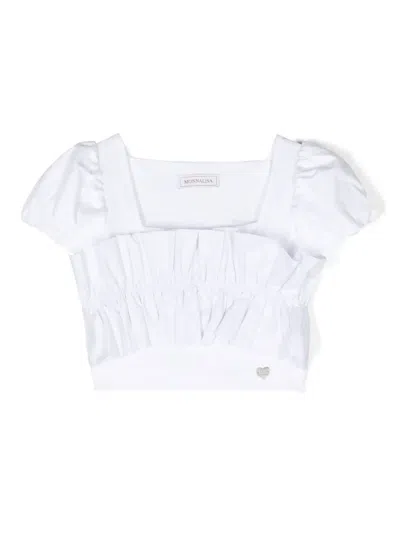 Monnalisa Kids' Ruffled Cotton Blouse In 白色