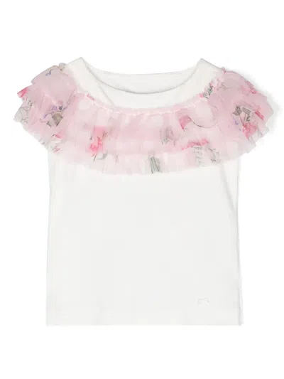 Monnalisa Kids' Ruffled Cotton T-shirt In White