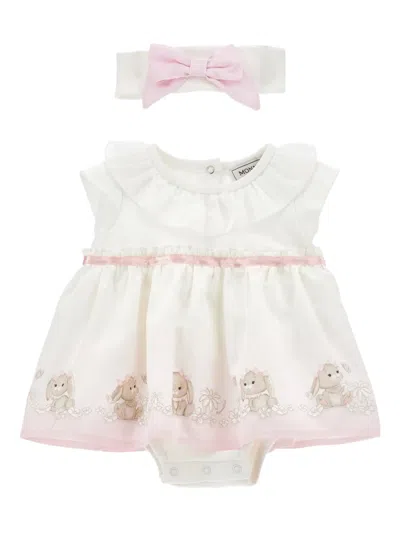 Monnalisa Ruffled-detail Bunny-motif Baby Dress Set In Pink