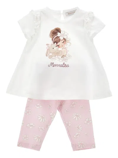 Monnalisa Babies' Ruffled Graphic-print Trouser Set In White