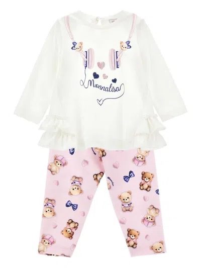 Monnalisa Babies' Ruffled Headphone-print Trouser Set In White