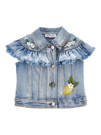 Monnalisa Kids' Ruffled Lemon-appliqué Gilet In Blue