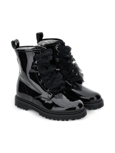 Monnalisa Kids' Ruffled Patent-leather Combat Boots In Black