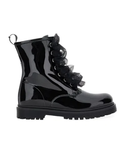 MONNALISA RUFFLED PATENT-LEATHER COMBAT BOOTS