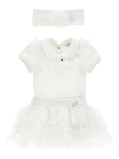 Monnalisa Ruffled Peter Pan-collar Snap-fastening Babygrow Set In White