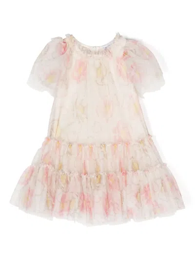 Monnalisa Kids' Ruffled Short-sleeve Dress In Neutrals