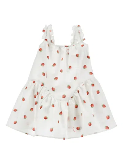 Monnalisa Babies' Ruffled Strawberry-print Dress In White