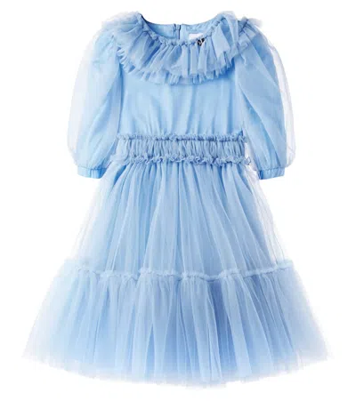 Monnalisa Kids' Ruffled Tulle Dress In Blue