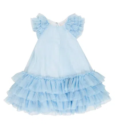 Monnalisa Kids' Ruffled Tulle Dress In Celeste