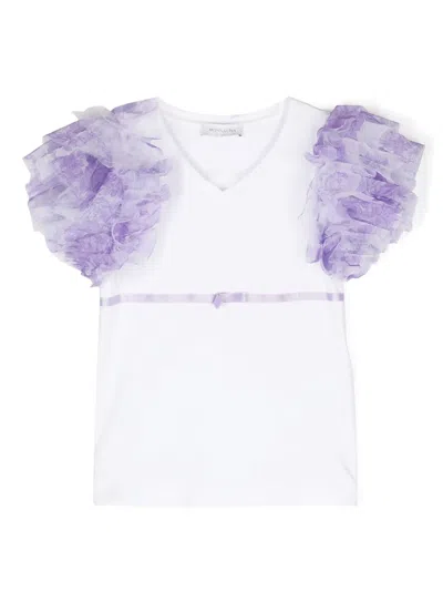 Monnalisa Kids' Ruffled V-neck T-shirt In White