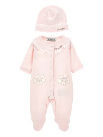 Monnalisa Ruffled-detail Floral-motif Babygrow Set In Pink
