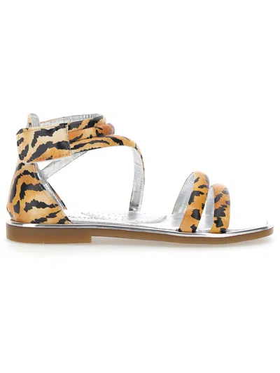 Monnalisa Kids'   Tiger Print Sandals In Caramel + Black
