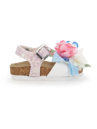 Monnalisa Babies'   Sandals With Bouquet In White + Rosa Fairytale