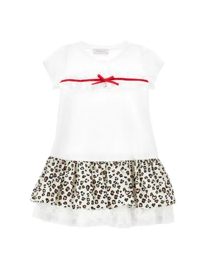 Monnalisa Kids'   Sangallo Lace Jersey Dress In White + Animal Print