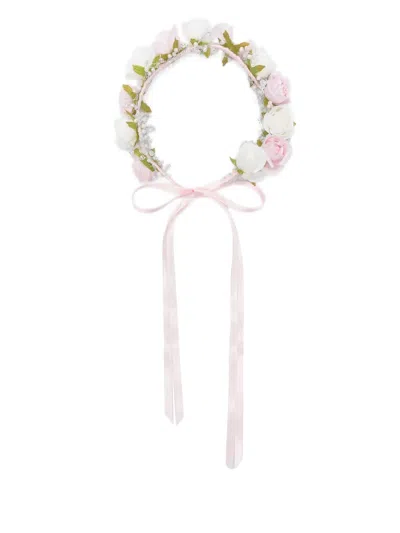 Monnalisa Kids' Satin-ribbon Flower Crown In Pink + Cream