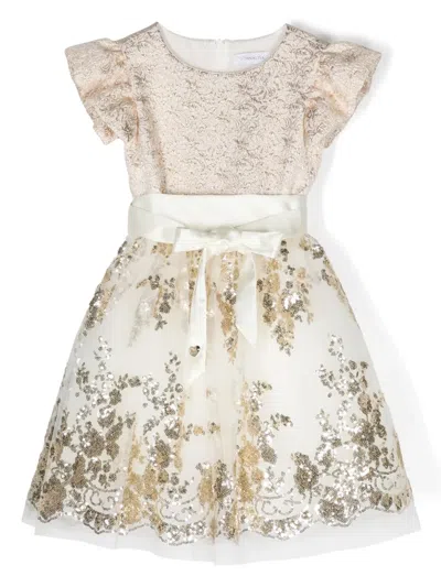 Monnalisa Kids' Sequin-embellished Belted Dress In Neutrals
