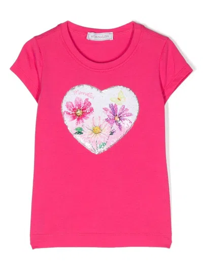 Monnalisa Kids' Sequin-embellished Floral T-shirt In Pink