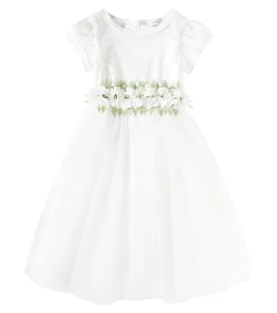 Monnalisa Kids' Sequined Floral-appliqué Tulle Dress In White