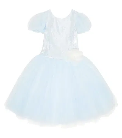 Monnalisa Kids' Sequined Tulle Dress In Blue
