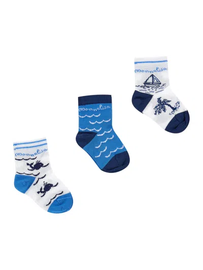 Monnalisa Kids'   Set Of Lisle Thread Socks In White + Blue
