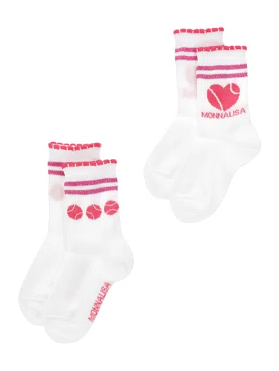 Monnalisa Kids'   Set Of Scottish Thread Tennis Socks In White + Cherry Red