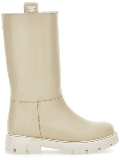 Monnalisa Kids'   Sheepskin Lining Leather Boots In Ecru