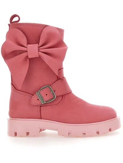 Monnalisa Kids'   Sheepskin Nappa Leather Biker Boots With Bow In Pink