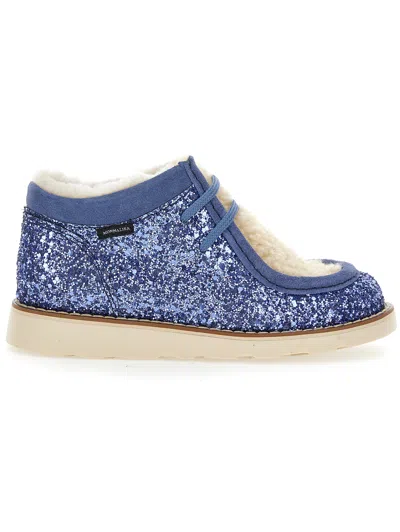 Monnalisa Kids'   Sheepskin Rhinestone Lace-up Shoes In Steel Blue Glitter