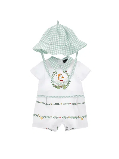 Monnalisa Babies'   Short Jumpsuit With Gingham Hat In White + Multicolor
