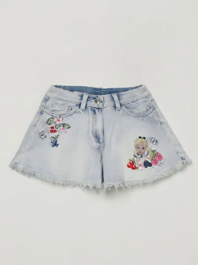 Monnalisa Kids' Embroidered Denim Shorts In Light Blue