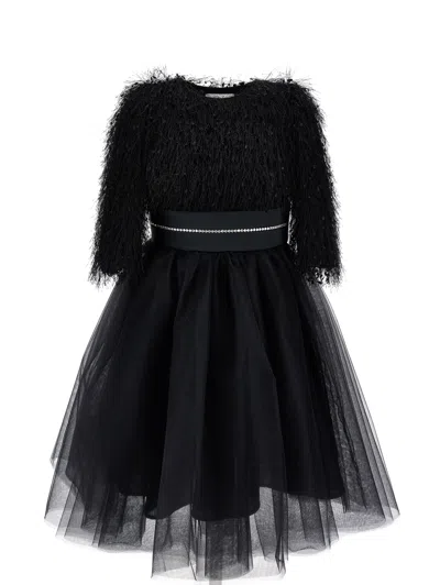 Monnalisa Silk-touch Tulle Dress With Fringing In Black