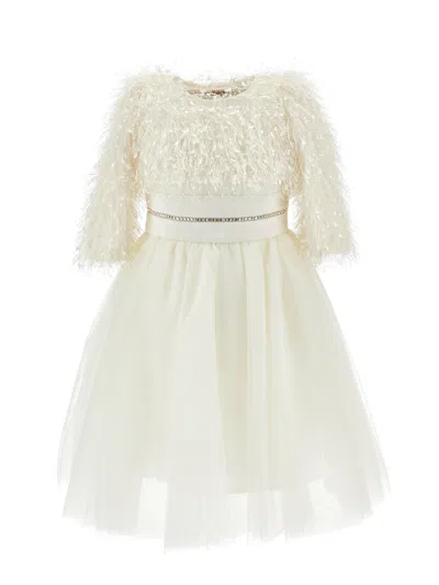 Monnalisa Kids'   Silk-touch Tulle Dress With Fringing In Cream