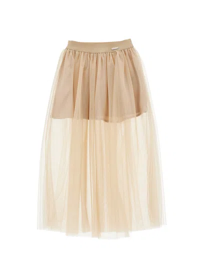 Monnalisa Kids'   Silk-touch Tulle Midi Skirt In Beige