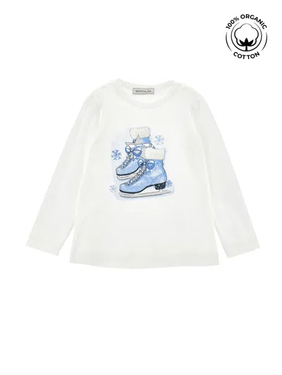 Monnalisa Kids'   Skate Print Organic Cotton T-shirt In Cream